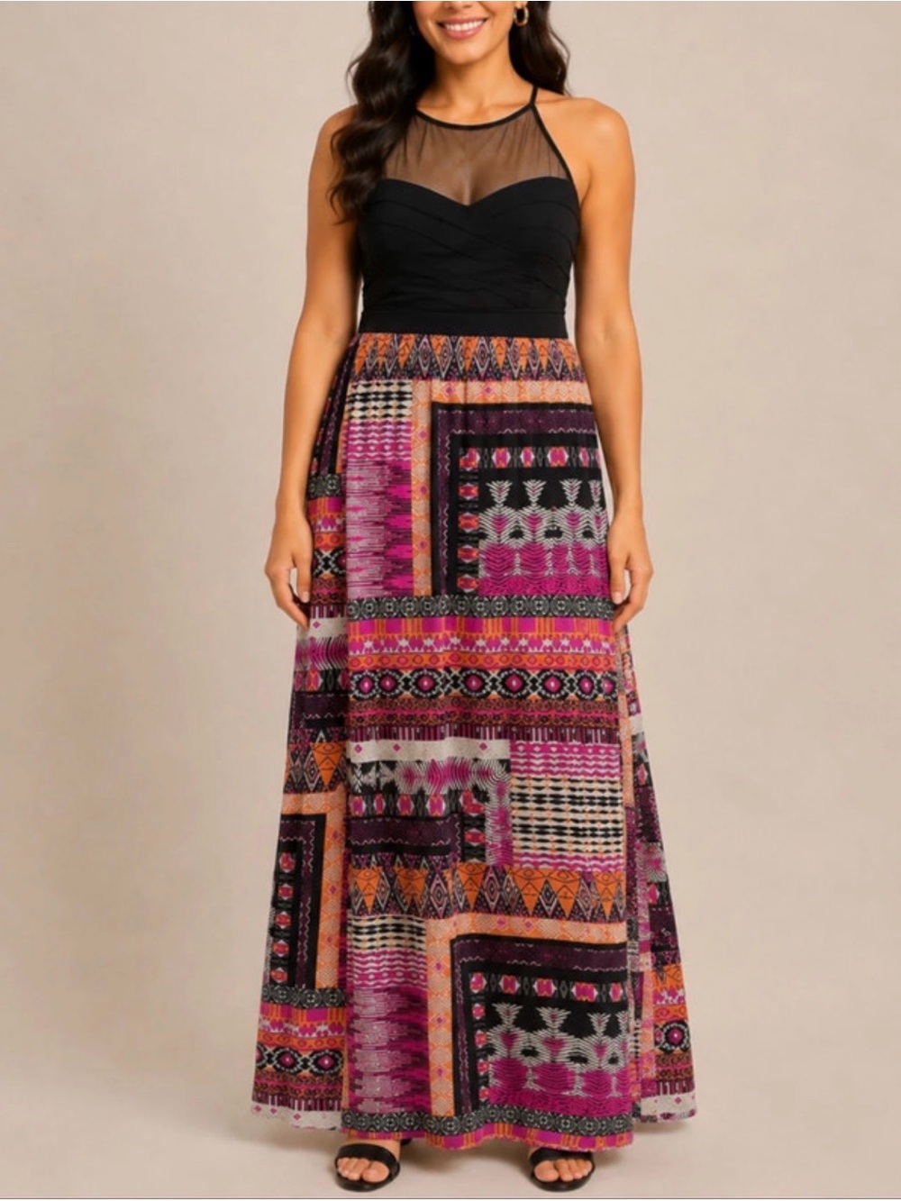 Crystal Doll Black Halter Maxi Dress with Pink and Orange Patterned Skirt